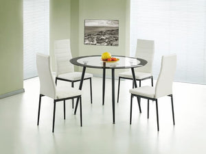 Acodia Dining Furniture Set (1 Table + 4 Chairs) - Clear Glass Top, White PU Seats, and Black Frame