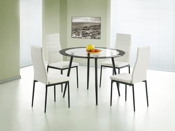 Acodia Dining Furniture Set (1 Table + 4 Chairs) - Clear Glass Top, White PU Seats, and Black Frame