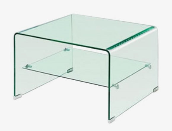 Angola Clear Lamp Table with Shelf - Tempered Glass, Bent Glass Design