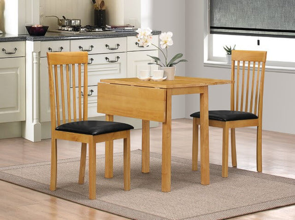 Atlas Solid Rubberwood Dropleaf Dining Set with 2 Chairs - Black PU Seat Pads