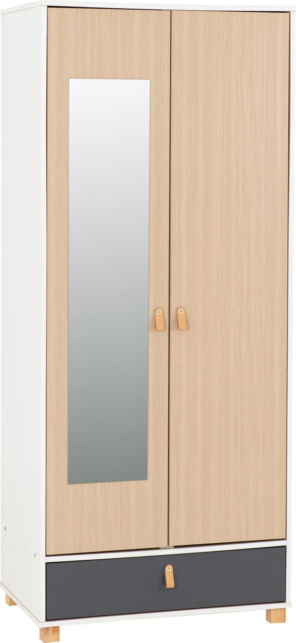 Brooklyn 2 Door 1 Drawer Mirrored Wardrobe - Oak Effect/Grey