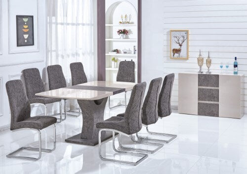 High Gloss Extending Dining Table Cream & Stone and Patterned PU Chairs Chrome & Grey