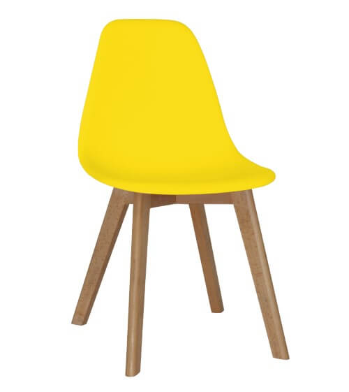 A vibrant yellow Belgium Plastic chair with solid beech legs, adding a pop of colour to your decor
