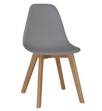 A contemporary grey Belgium Plastic chair featuring solid beech legs, adding sophistication to any space