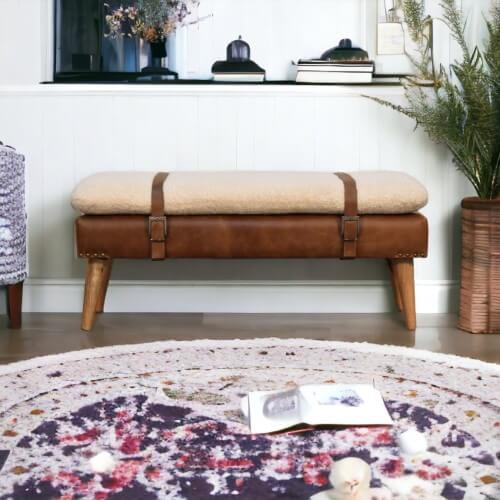 Stylish Bouclé & Buffalo Hide Leather Bench with Modern Design and Durable Construction