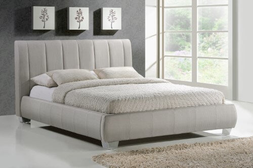 Elegant Sand Fabric Bed Frame with Padded Headboard