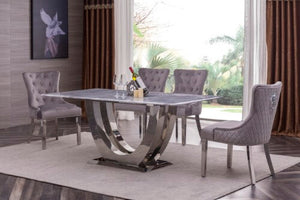 Carrera Marble Dining Table with Stainless Steel Base and 6 Velvet Fabric Dining Chairs Grey