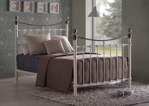 Image of the Elizabeth Cream/Brass Metal King Size Bed Frame as the focal point in an elegantly decorated bedroom