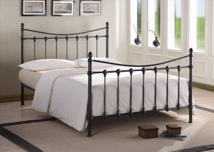 "Florida Black Metal Double Bed Frame" - A Victorian-style chic metal bed frame with intricate finials, available in black or ivory finishes, complemented by a sprung slatted base for enhanced comfort.