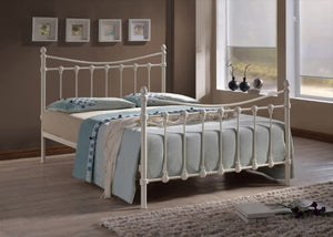 "Florida Ivory Small Double Bed Frame" - A Victorian-style chic metal bed frame with detailed finials, available in black or ivory finishes, and a sprung slatted base for added comfort.