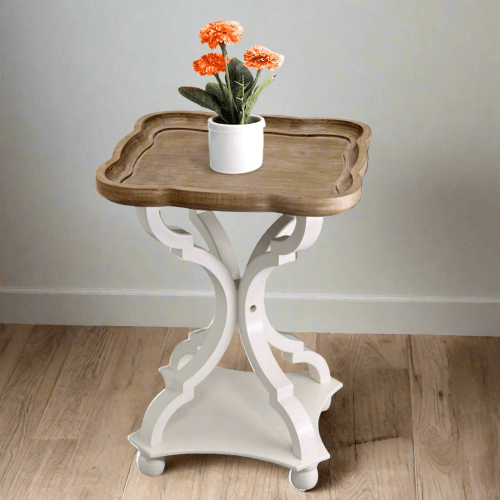French Style Accent Table White & Natural with Bottom Shelf