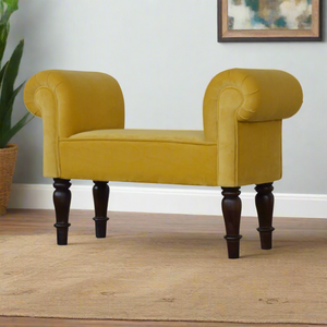 Mini Mustard Velvet Bench – Handcrafted with Solid Mango Wood