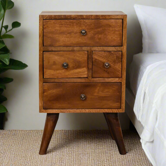 Chestnut Nordic Style 4-Drawer Multi Bedside Table – Solid Mango Wood