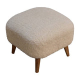 Natural yarn upholstered footstool with solid mango wood legs