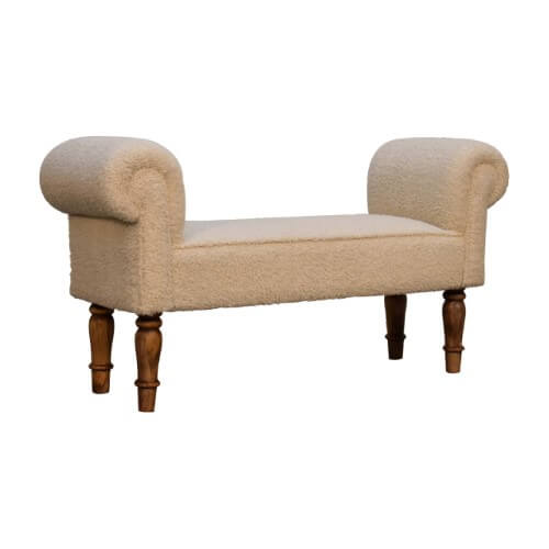 Luxurious boucle upholstered bench with solid mango wood legs