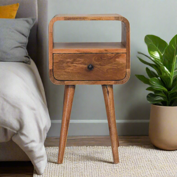 Mini Oak-ish Curve Open Bedside Table – Compact Mango Wood Design