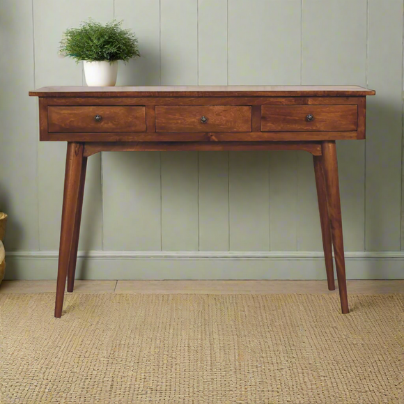 Large Chestnut Hallway Console Table – Solid Mango Wood with 3 Drawers