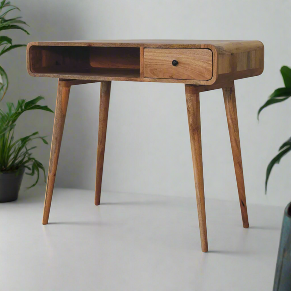 Curved Oak-Ish Writing Desk – Handcrafted Solid Mango Wood with Elegant Nordic Design