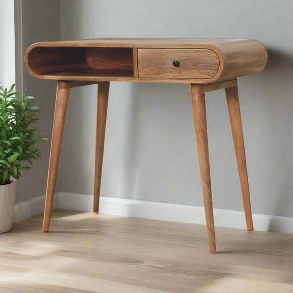 Curved Chestnut Writing Desk – Handcrafted Solid Mango Wood with Elegant Nordic Design