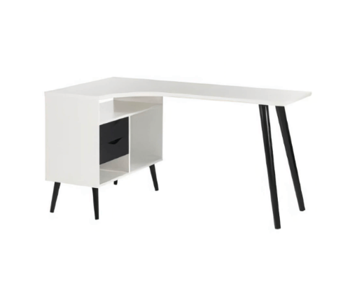 Modern White & Black Mapleton Desk with 2 Drawers, Shelf, and Open Compartments