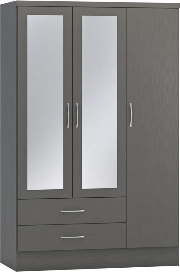 Nevada 3-Door 2-Drawer Mirrored Wardrobe - 3D Effect Grey