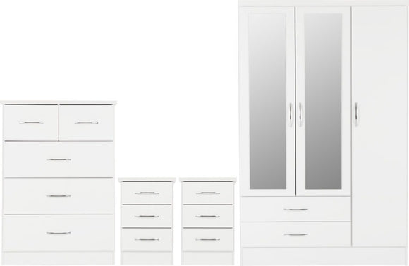 Nevada 3-Door 2-Drawer Mirrored Wardrobe Bedroom Set - White Gloss