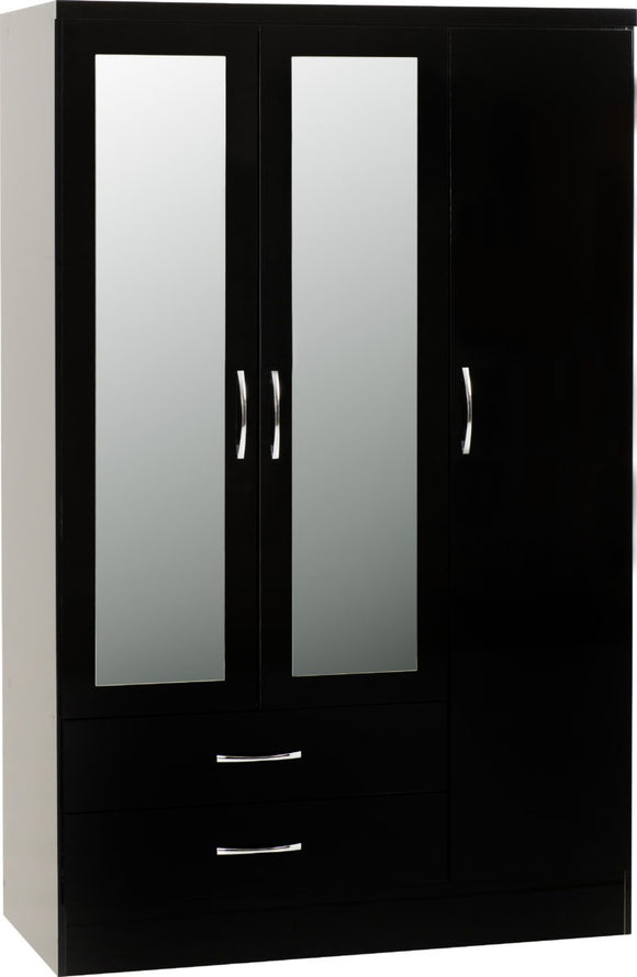 Nevada 3-Door 2-Drawer Mirrored Wardrobe - Black Gloss