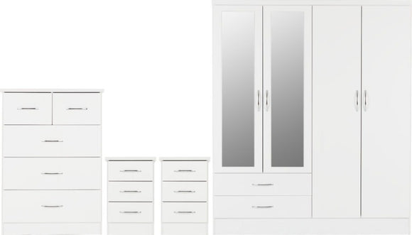 Nevada 4-Door 2-Drawer Mirrored Wardrobe Bedroom Set - White Gloss
