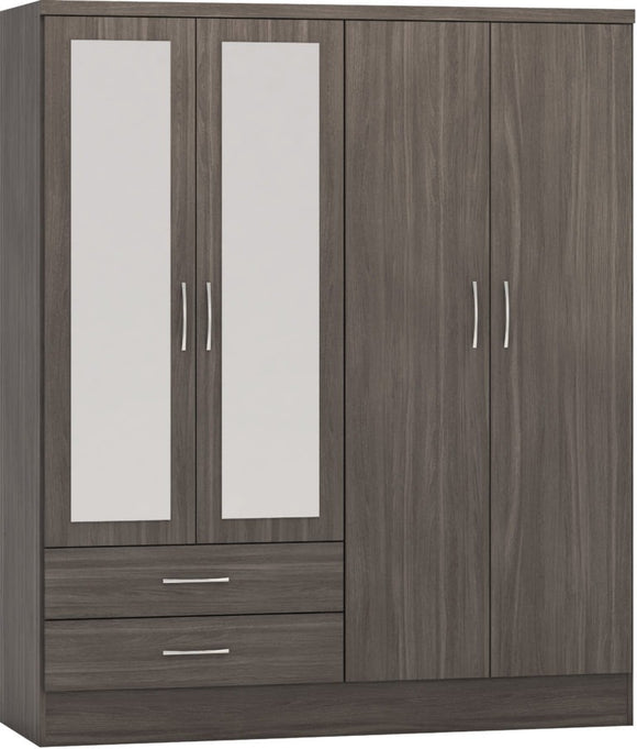 Nevada 4-Door 2-Drawer Mirrored Wardrobe - Black Wood Grain