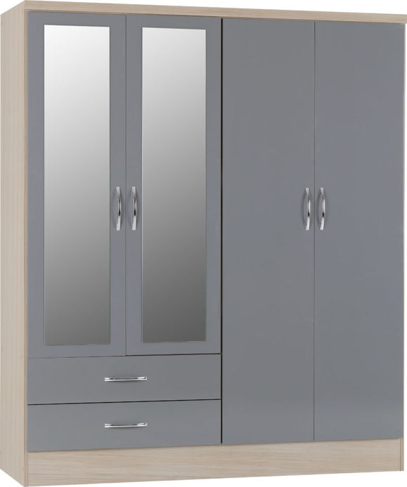 Nevada 4-Door 2-Drawer Mirrored Wardrobe - Grey Gloss/Light Oak