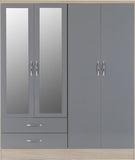 Nevada 4-Door 2-Drawer Mirrored Wardrobe - Grey Gloss/Light Oak