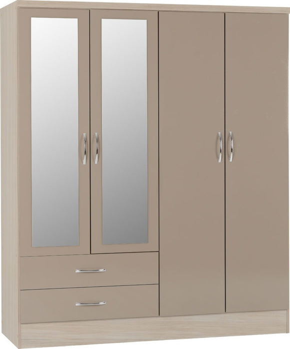 Nevada 4-Door 2-Drawer Mirrored Wardrobe - Oyster Gloss/Light Oak Effect Veneer
