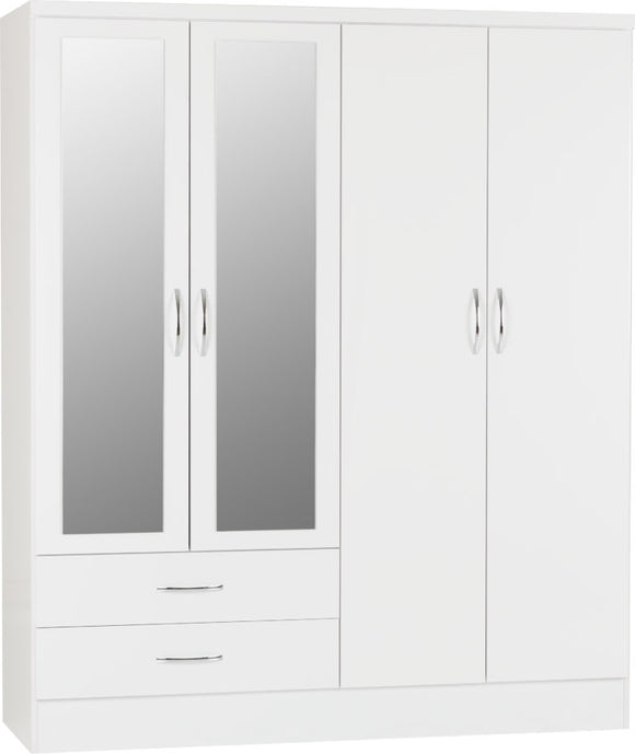 Nevada 4-Door 2-Drawer Mirrored Wardrobe - White Gloss