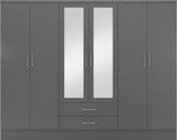 Nevada 6-Door 2-Drawer Mirrored Wardrobe - 3D Effect Grey