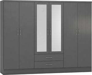 Nevada 6-Door 2-Drawer Mirrored Wardrobe - 3D Effect Grey