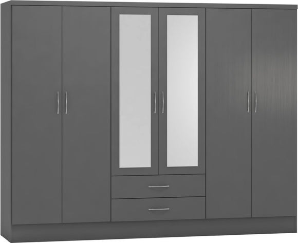 Nevada 6-Door 2-Drawer Mirrored Wardrobe - 3D Effect Grey