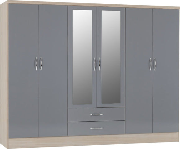 Nevada 6-Door 2-Drawer Mirrored Wardrobe - Grey Gloss/Light Oak Effect
