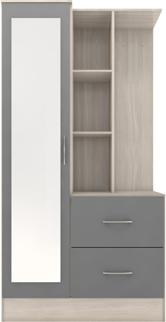 Nevada Mirrored Open Shelf Wardrobe - Grey Gloss/Light Oak Effect