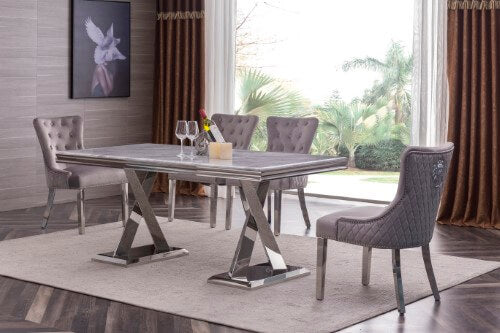 Plato Marble Dining Set, featuring a silver stainless steel base, natural stone with marble effect, and a lacquer finish, showcasing its luxurious and modern design