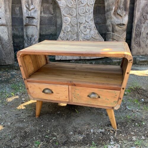 Small TV Stand with Rounded Edges and 2 Drawers - Recycled Teak