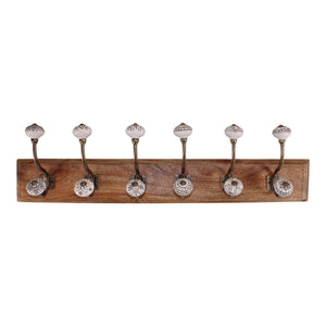 6 Double Ceramic Ivory Coat Hooks On Wooden Base