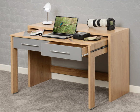 Seville 2 Drawer Slider Desk – Grey High Gloss & Light Oak Effect Veneer