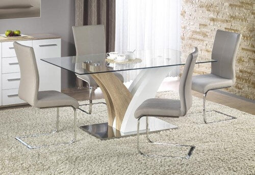 High Gloss Dining Table White & Natural with Clear Glass Top and 6 Chairs