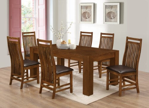 Yaxley Dining Set with Rustic Oak finish, beautifully displayed in a tastefully decorated dining room setting