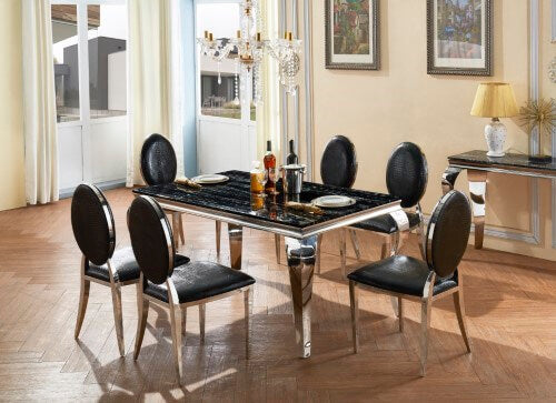 Arriana Marble Dining Table with Stainless Steel Base and 6 Chairs