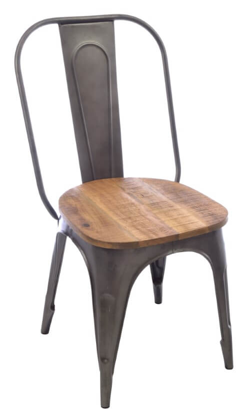 A view of the Old Empire Dining Chair from the front, showcasing its smart industrial styling and solid mango wood construction