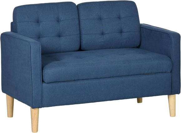 Blue Compact Loveseat Sofa: 2-Seater with Storage and Wood Legs
