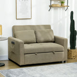 Convertible 2-Seater Sofa Bed with Cushions, Pockets, and Warm Brown Finish