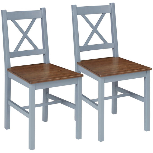 Set of 2 Farmhouse Style Dining Chairs: Pine Wood Frame, Cross Back Design in Grey