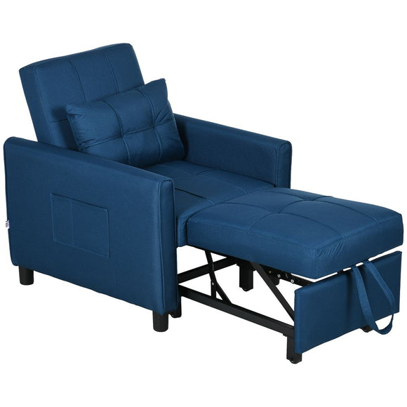 Blue Pull-Out Chair Bed with Pillow and Convenient Side Pockets